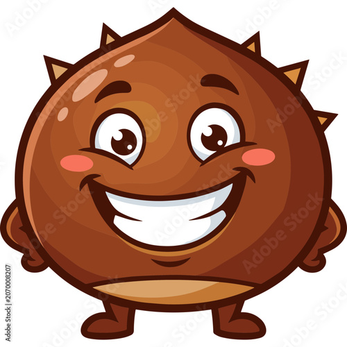 A cheerful cartoon chestnut character stands smiling with spikes on head