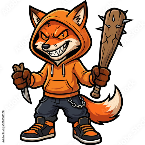 A cartoon fox character holds a baseball bat and knife menacingly.