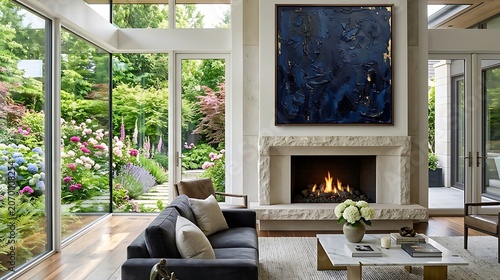 Modern living room with large abstract blue painting and fireplace overlooking lush garden