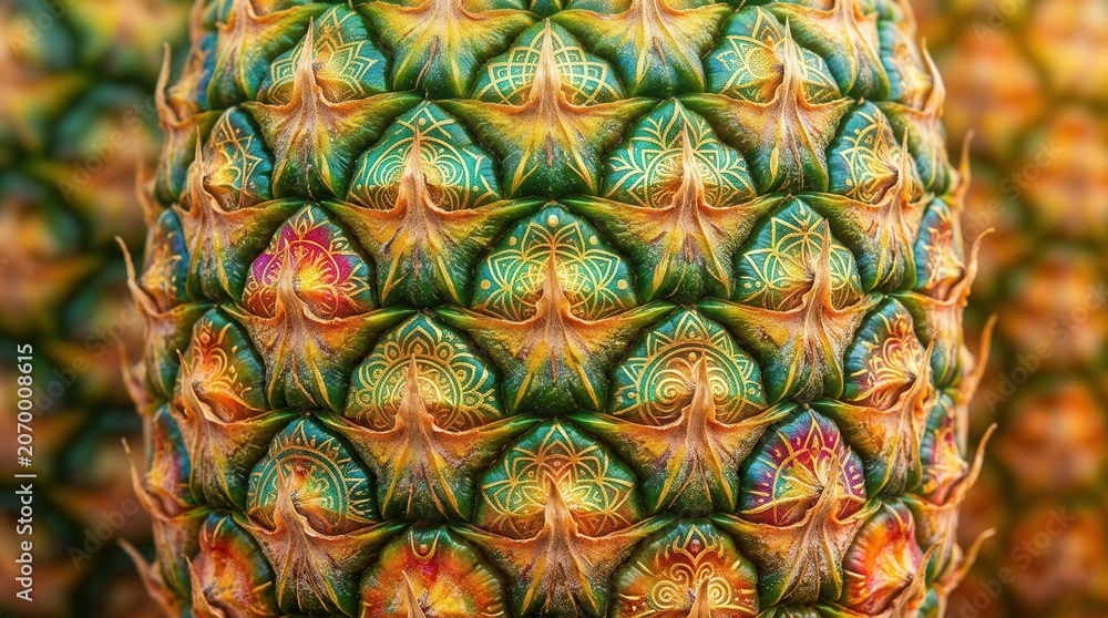 Fototapeta premium Close up detailed texture of fresh pineapple skin with water droplets in vibrant natural lighting