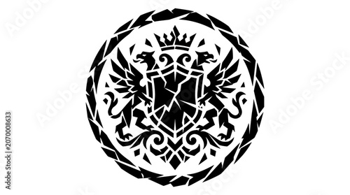 Intricate black and white crest emblem.