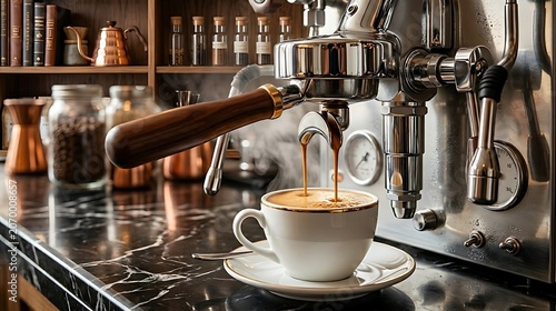 Professional espresso machine brewing fresh coffee into a ceramic cup on a marble countertop