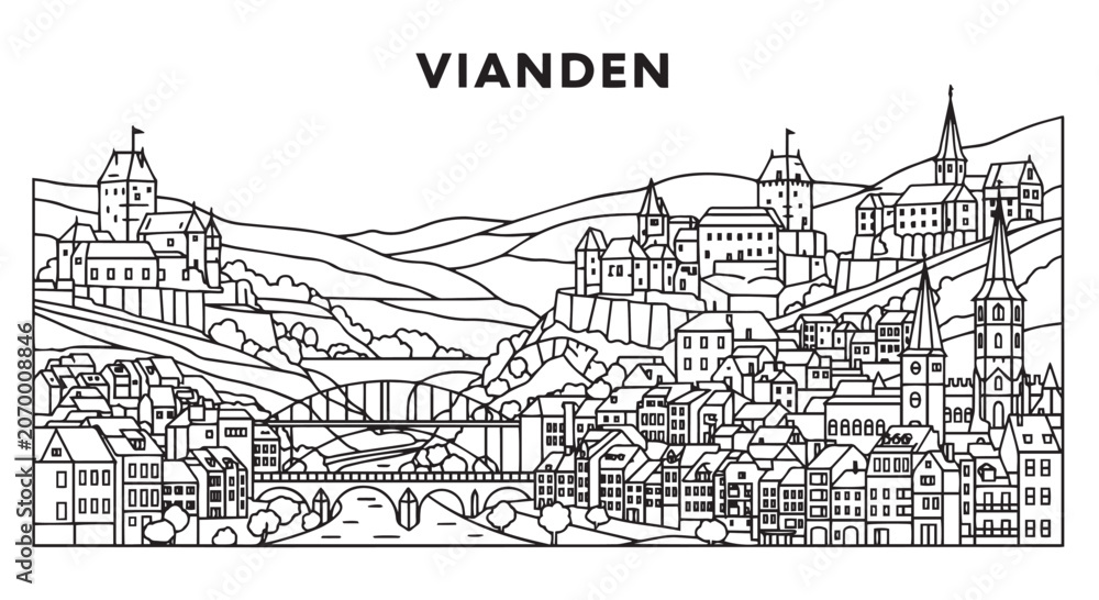 Fototapeta premium Townscape Skyline Vianden Luxembourg Illustration