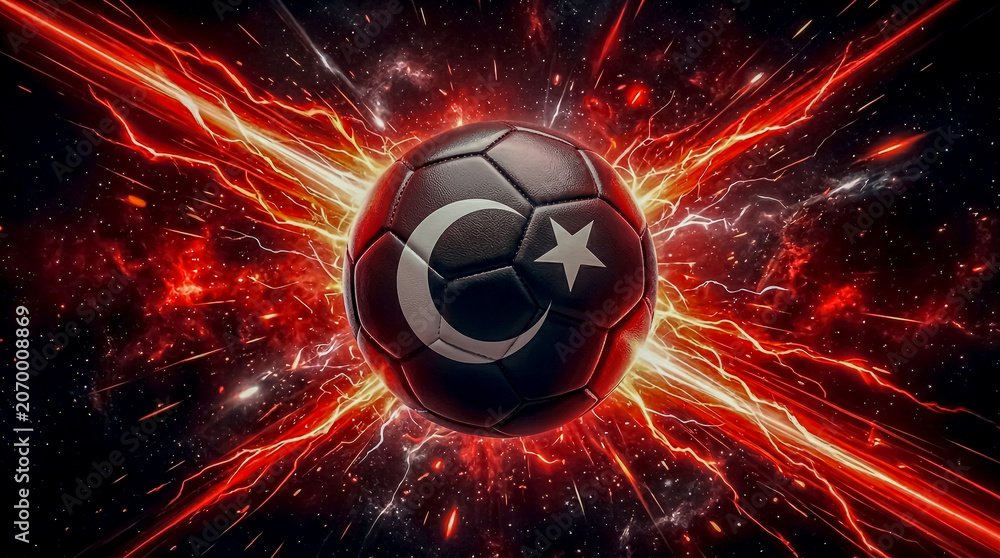 Fototapeta premium A high-energy digital illustration of a Turkish flag-patterned soccer ball exploding with fiery cosmic energy and bright sparks.