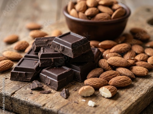 Dark Chocolate Chunks and Almonds on Rustic Wooden Surface