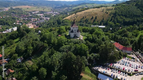 Aerial Drone View of New Castle and Main Square in Banska Stiavnica, Slovakia,