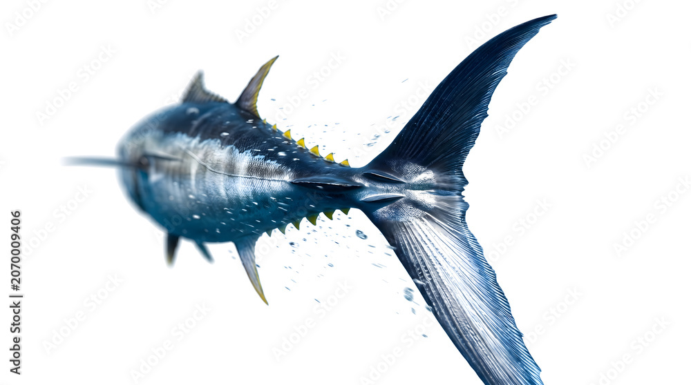 Fototapeta premium Dynamic Bluefin Tuna Fish Tail Fin Action Shot with Ocean Water Splash Isolated