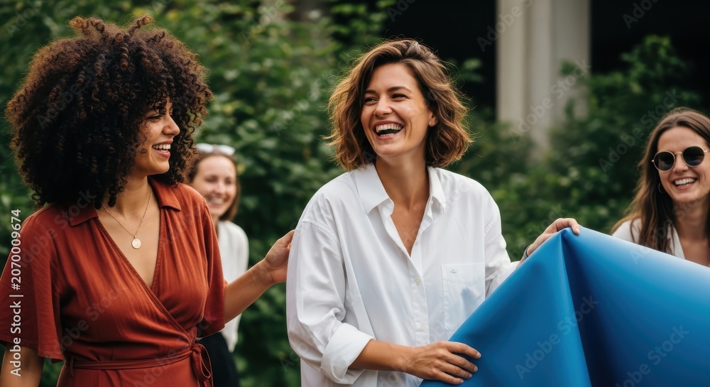 Naklejka premium Diverse Group of Happy Young Women Laughing and Working Together Outdo
