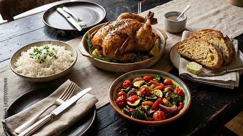 A rustic dinner table spread featuring a whole roasted chicken, a bowl of white rice, a colorful vegetable stirfry, and slices of crusty bread