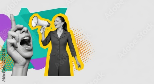 Creative Pop Art Collage of a Businesswoman Shouting into a Megaphone