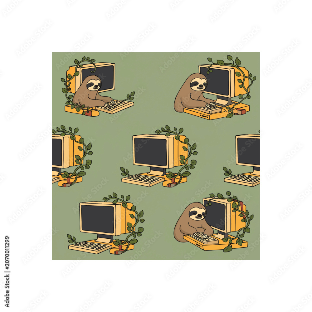 Fototapeta premium Whimsical cartoon sloth illustrations on vibrant green background with golden frames, concept for children's book design, educational materials, and playful branding projects
