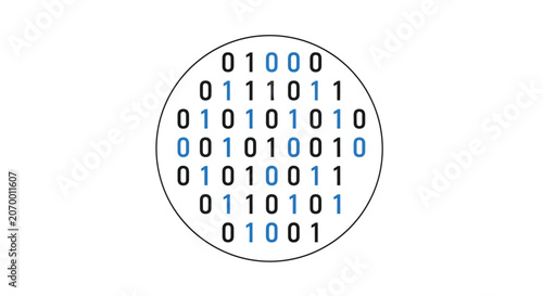A circular graphic design featuring a pattern of binary code digits in black and blue