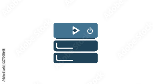 A simple flat icon representing a digital server unit with a power button symbol