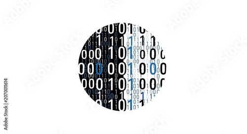 A circular graphic design featuring binary code digits on a white background