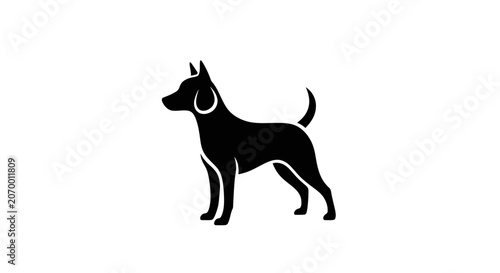 A simple black silhouette of a standing dog on a white background