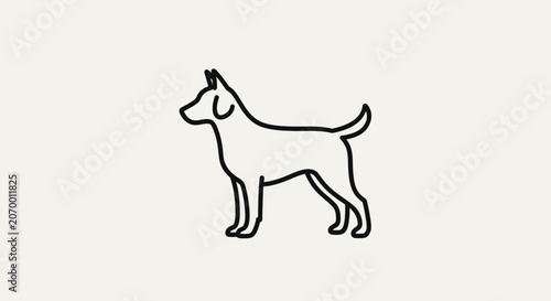 A simple black line drawing of a standing dog on a light background