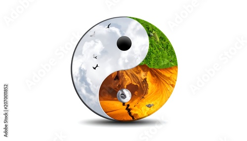 A stylized graphic of the Yin and Yang symbol is segmented to incorporate four landscape elements representing nature