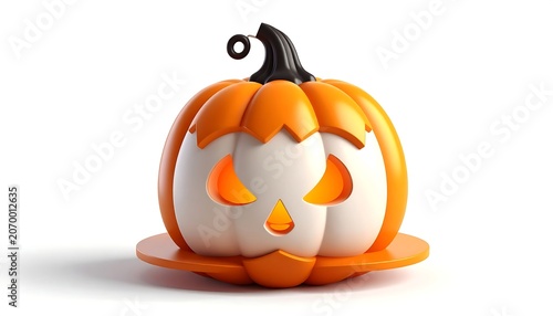 A stylized Halloween pumpkin, orange and white, with a carved skull-like face and a curly black stem. It sits on an orange circular base