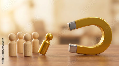 Single golden wooden peg figure being drawn toward a magnet among plain figures representing talent attraction, selective recruitment, HR acquisition and premium candidate appeal.