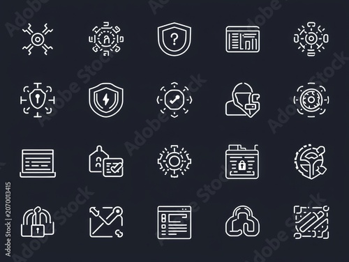 Set of twenty cyber security and data protection thin line icons for web design
