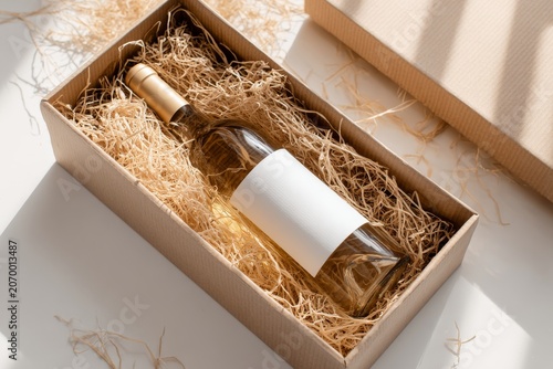 White wine bottle with a blank mock up label inside a cardboard gift box with paper shavings filler, high angle view