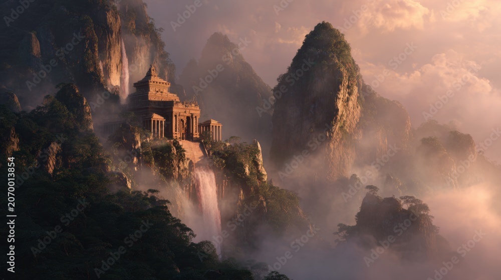 Fototapeta premium Ancient temple nestled amidst misty mountains and cascading waterfalls, evoking a sense of serene wonder and timeless beauty