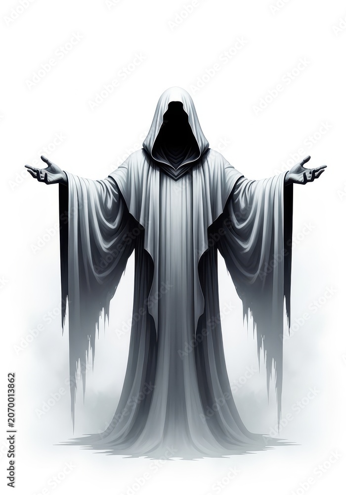 Obraz premium Mysterious Hooded Ghostly Figure in White Tattered Robes with Outstret