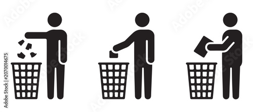 Silhouette figures throwing trash into waste bins on transparent background collection.