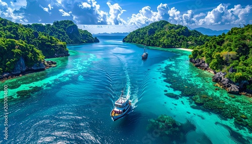 Aerial photographs show fishing boats sailing through tropical bays, emerald clear seas, turquoise waters, sunny weather, summer holidays, luxury fishing boat voyages, paradise island coastlines, rela