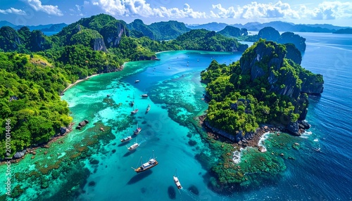 Aerial photographs show fishing boats sailing through tropical bays, emerald clear seas, turquoise waters, sunny weather, summer holidays, luxury fishing boat voyages, paradise island coastlines, rela