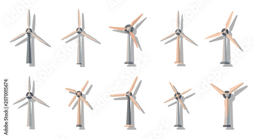 Illustration of wind turbines isolated on white background, renewable energy concept design