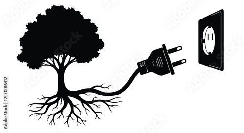 Tree silhouette connects to an electrical wall outlet to symbolize green energy.
