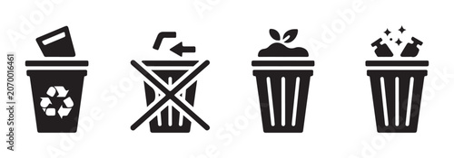 Obraz na płótnie Trash bins with recycling symbols and different waste types on transparent background