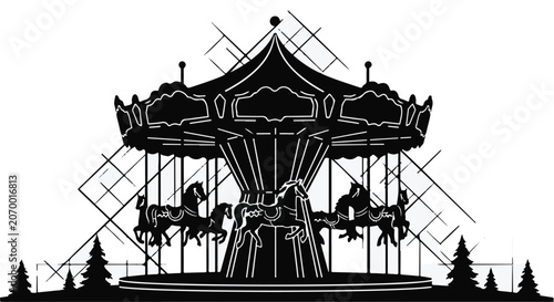 Carousel ride with horses rotates in a park setting surrounded by evergreen trees.