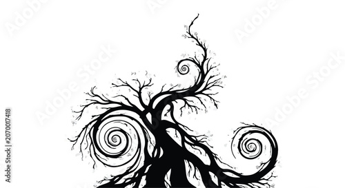 Twisted tree silhouette evokes a mystical atmosphere with swirling branches.