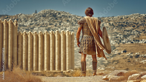Joshua standing before the massive walls of Jericho in ancient desert landscape with dramatic atmosphere