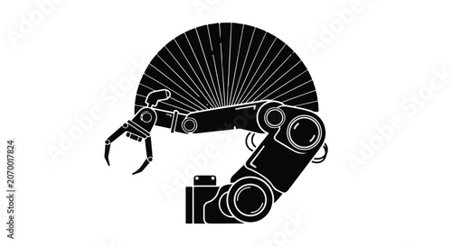 Robotic arm reaches out with a mechanical claw in a stylized industrial composition.