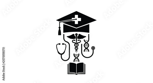 Medical education symbols form a graduation cap above a textbook and stethoscope.