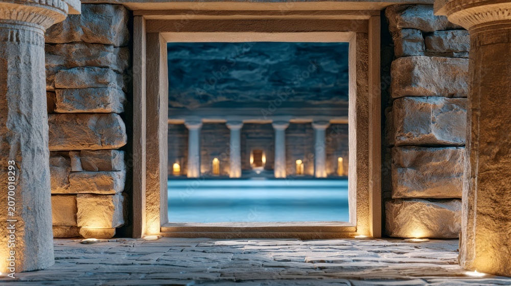 Fototapeta premium Monumental Carved Doorway to Underground Sanctuary with Ancient Columns