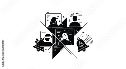 Holiday greetings are shared through digital screens and festive bell illustrations.