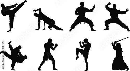 Bild auf Leinwand Martial arts fighters black silhouette collection featuring diverse combat sport