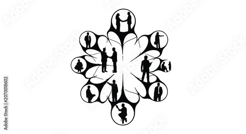 Businessmen engage in professional networking within a circular conceptual diagram.
