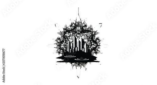 Skyscrapers form a silhouette within an intricate and circular ink splash design.