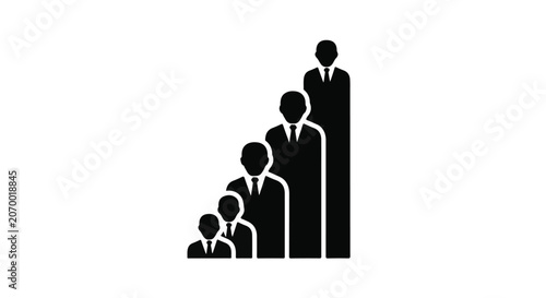 Businessmen silhouettes stand in a rising row to represent corporate hierarchy growth.