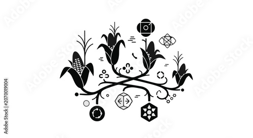 Corn stalks grow from stylized roots with geometric symbols on a white background.