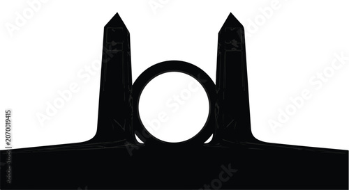 Abstract architectural structure features a circular void between two tall pillars.