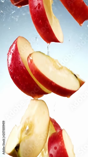 Red apple slices falling into clear blue water.