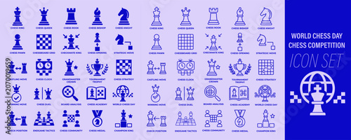 Foto World chess day icon set with chess pieces, strategic gameplay and tournament co