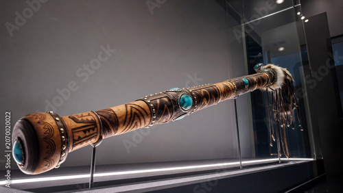 An ornate ceremonial blowpipe displayed in a museum case.