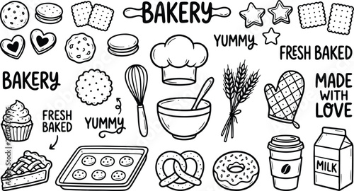 Hand Drawn Bakery Baking Doodle Collection with Fresh Baked Elements